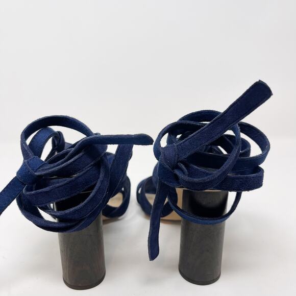 Aldo Womens 6.5 Navy Blue Lace Up Suede Heels 4" Round Wood Heels Open Toes - Picture 14 of 16